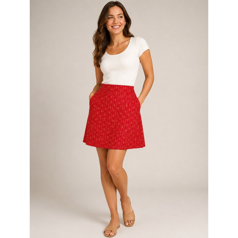 Boden Red Orange Geometric Floral A-Line Cotton Lined Skirt Size 18L WG304